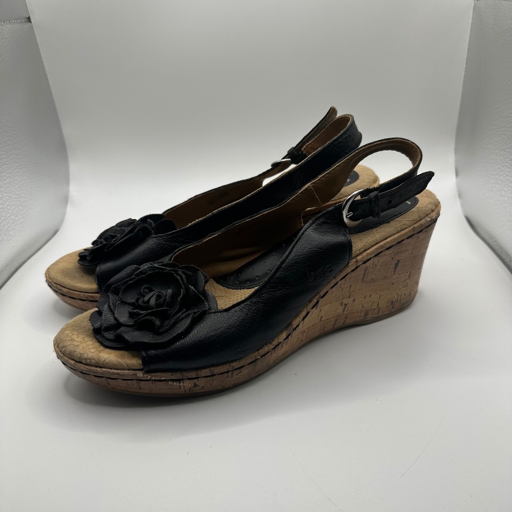 BOC Born Concept Black Leather Flower Rosette Slingback Cork Wedge Sandals 8M